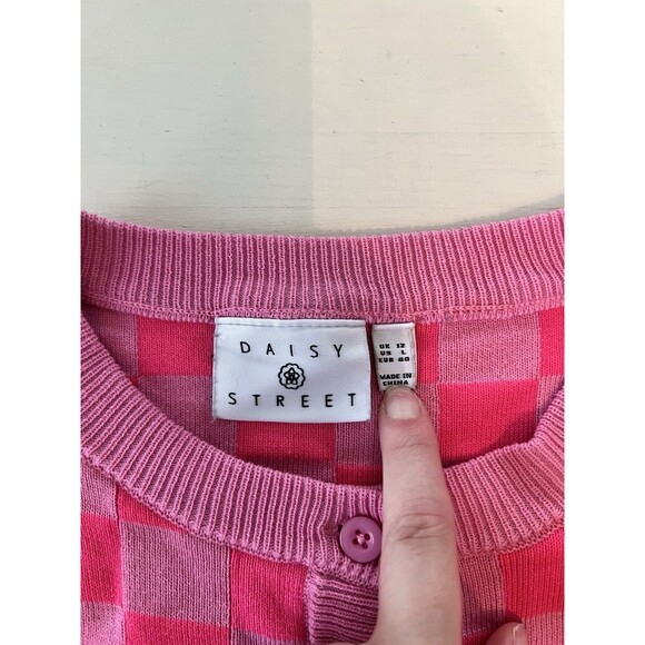 Daisy Street Boxy Cropped Cardigan‎ In Pink Checkerboard Knit Woman’s Large - Picture 3 of 4